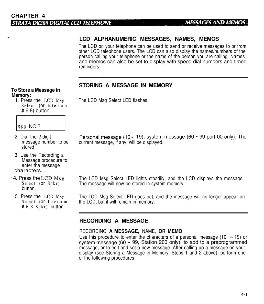 Toshiba DK280 manual Chapter, LCD Alphanumeric MESSAGES, NAMES, Memos, Storing a Message in Memory, Recording a Message 