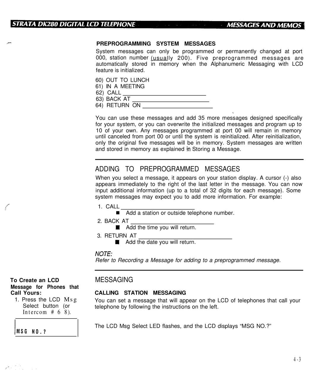 Toshiba DK280 manual Adding to Preprogrammed Messages 