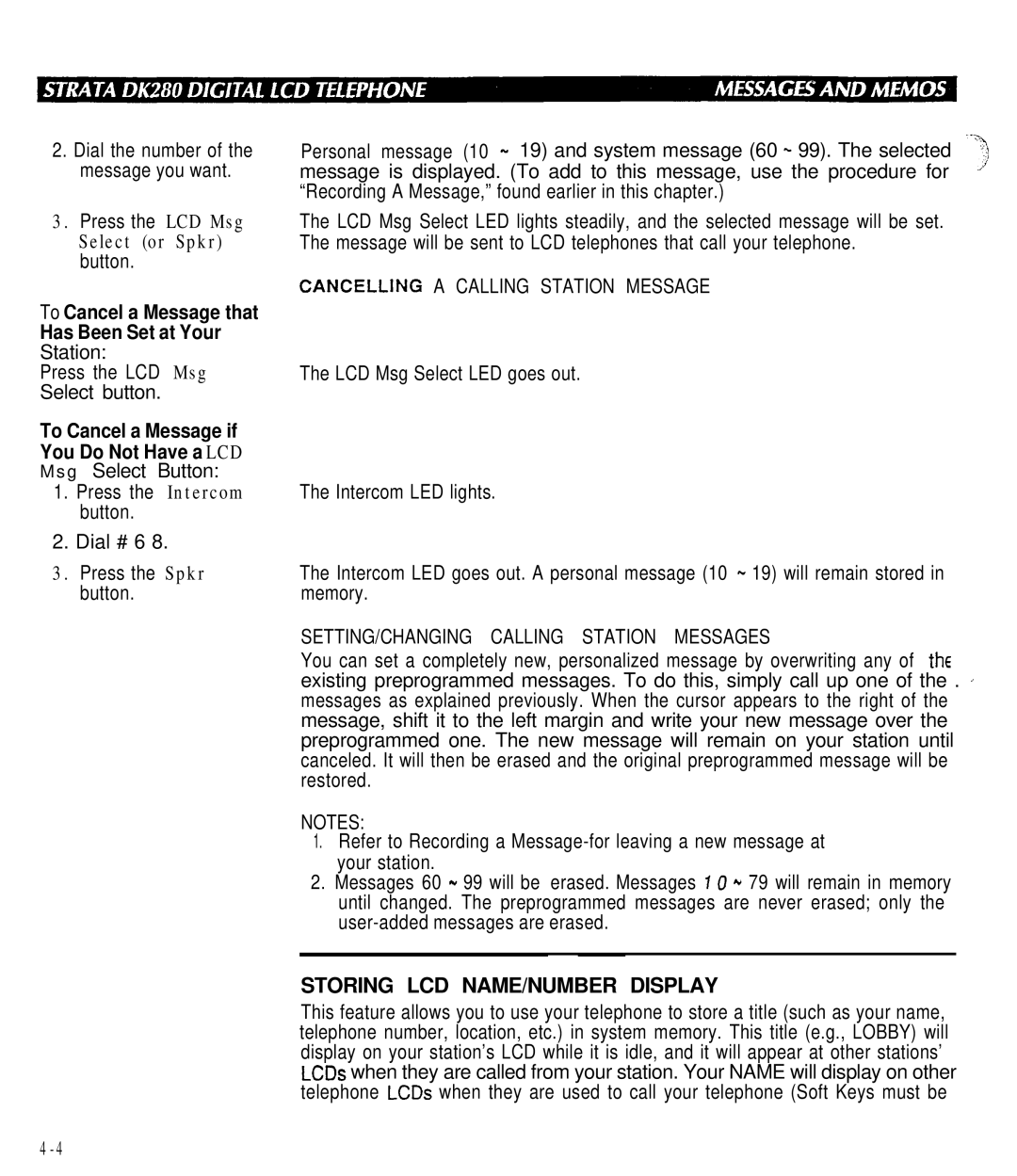 Toshiba DK280 manual Storing LCD NAME/NUMBER Display, To Cancel a Message that Has Been Set at Your Station 