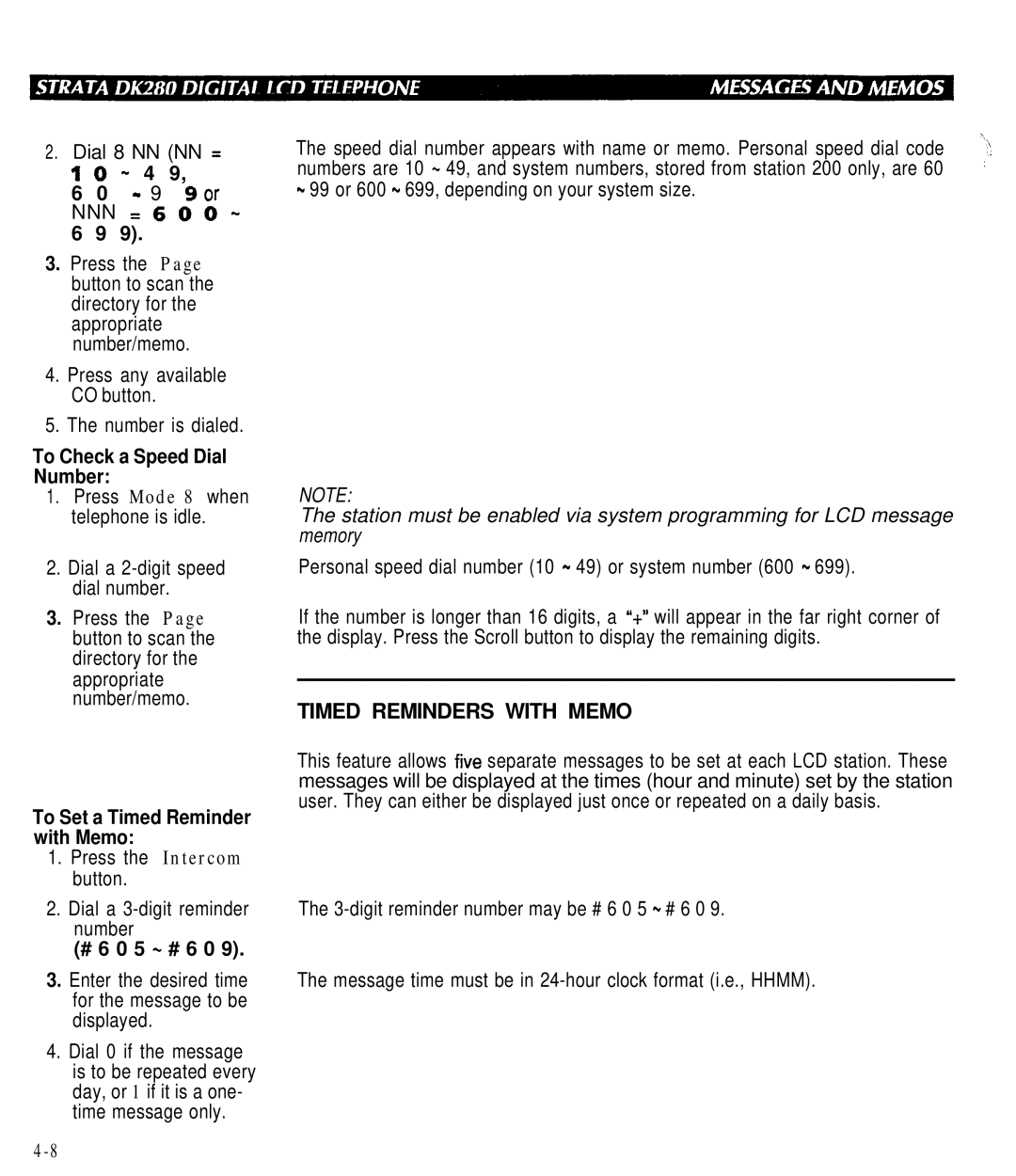 Toshiba DK280 Timed Reminders with Memo, To Check a Speed Dial Number, To Set a Timed Reminder with Memo, # 6 0 5 # 6 0 