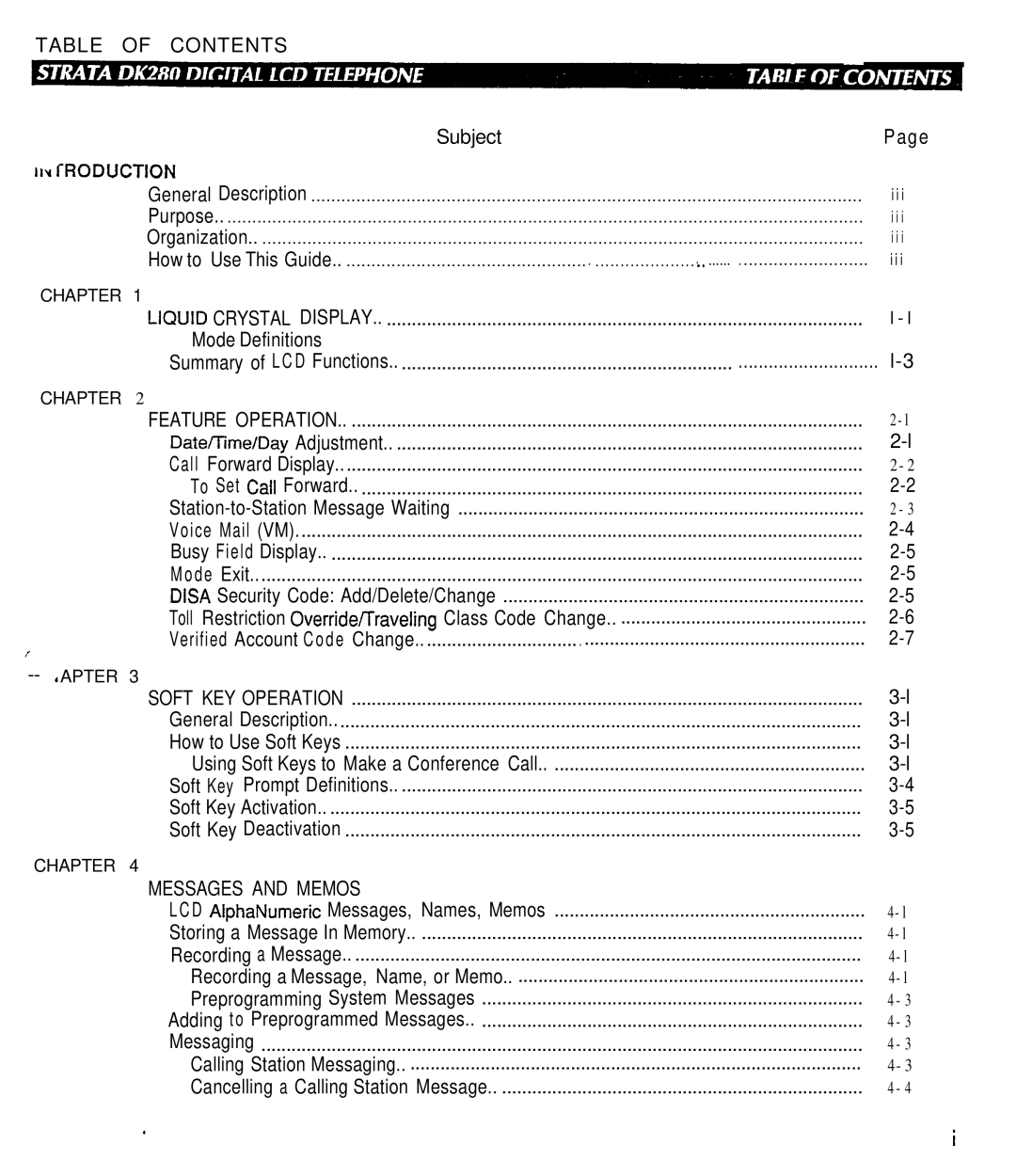 Toshiba DK280 manual Table of Contents, Soft KEY Operation, Messages and Memos 