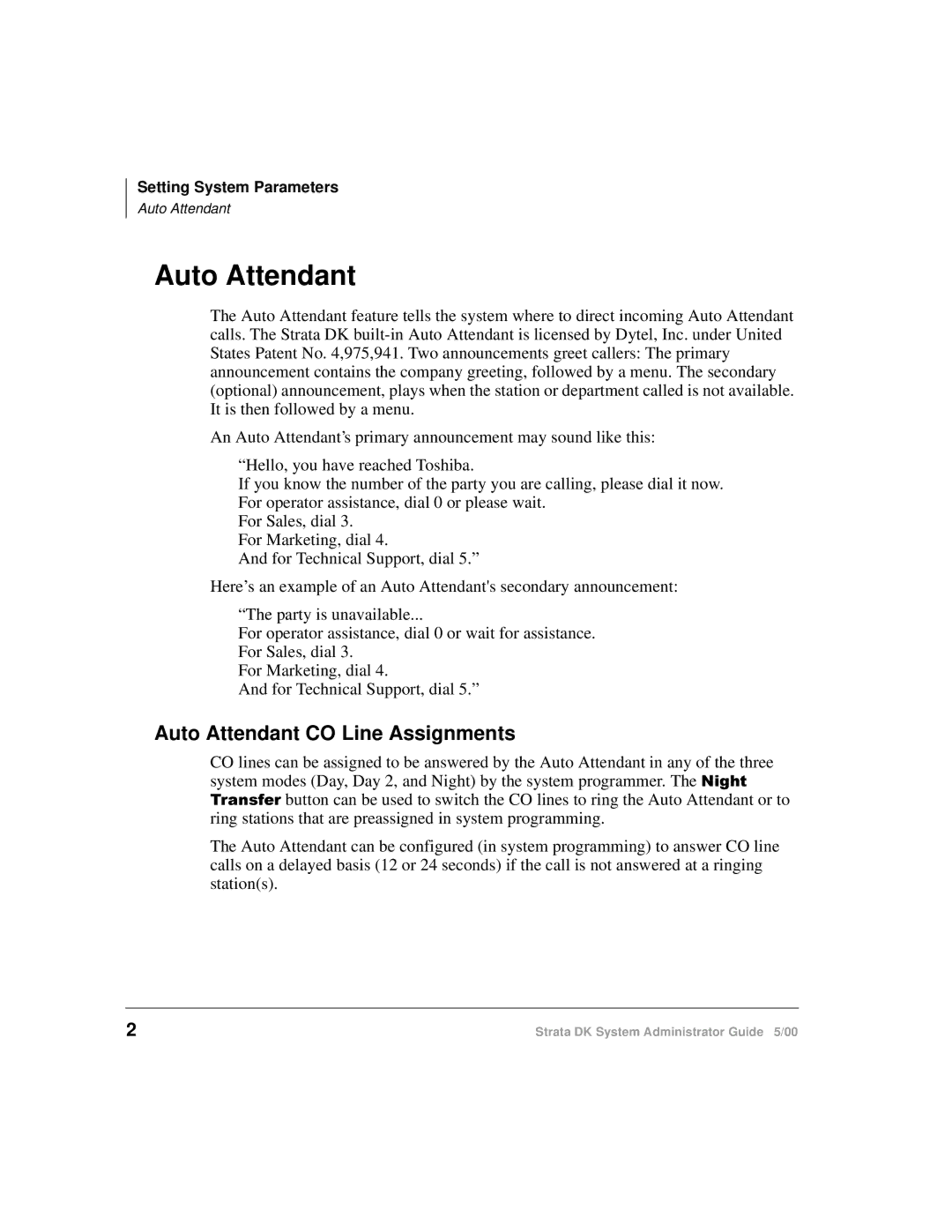 Toshiba DKA-AG-SYSTEMVD manual Auto Attendant CO Line Assignments 