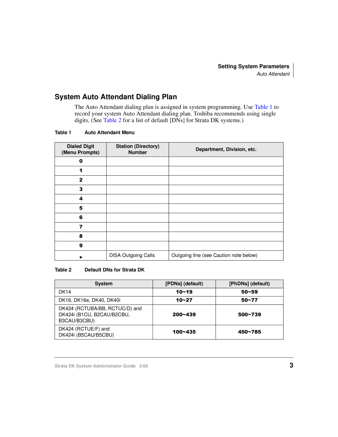 Toshiba DKA-AG-SYSTEMVD manual System Auto Attendant Dialing Plan 