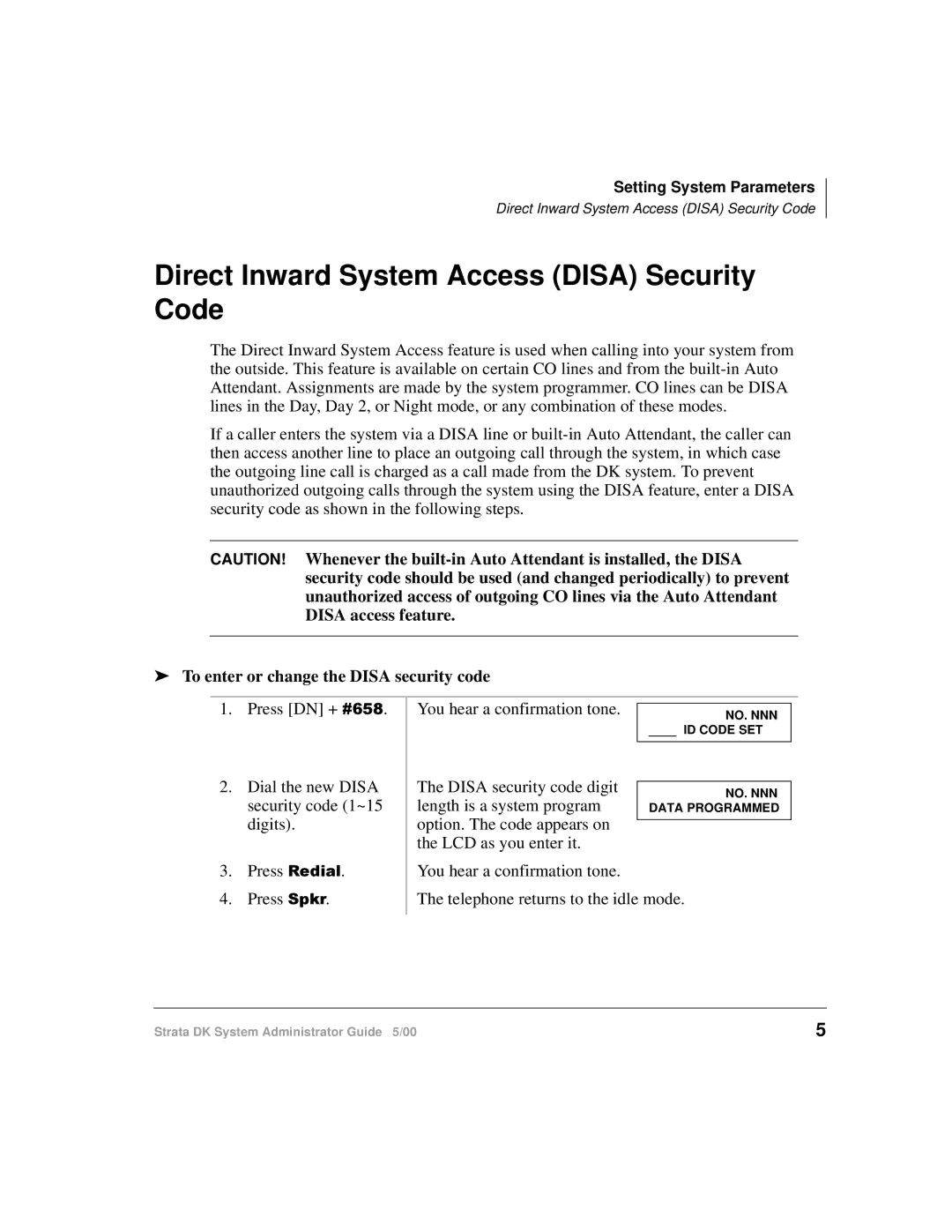 Toshiba DKA-AG-SYSTEMVD manual Direct Inward System Access Disa Security Code, To enter or change the Disa security code 