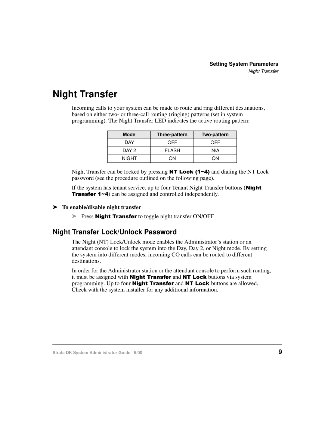 Toshiba DKA-AG-SYSTEMVD manual Night Transfer Lock/Unlock Password, To enable/disable night transfer 