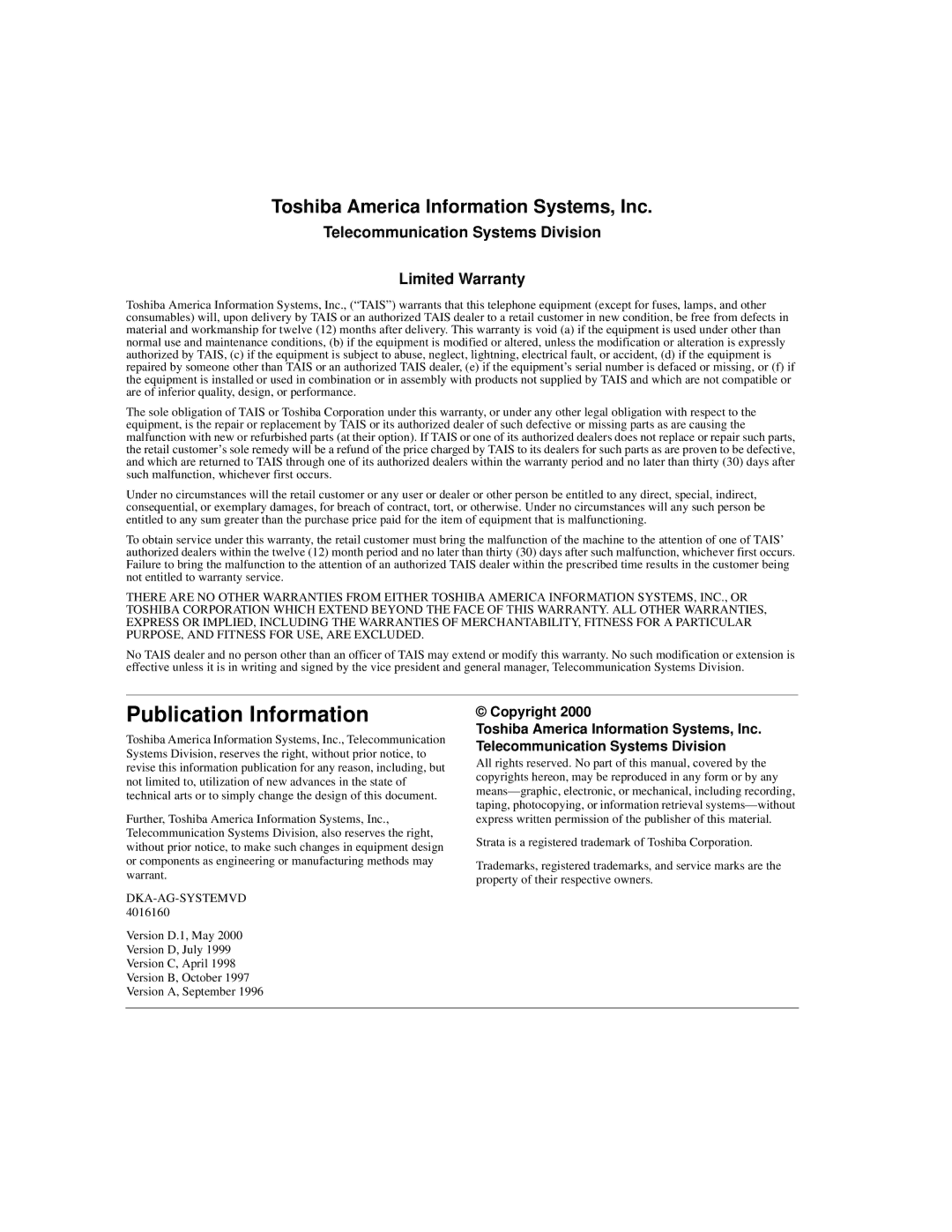 Toshiba DKA-AG-SYSTEMVD manual Publication Information 