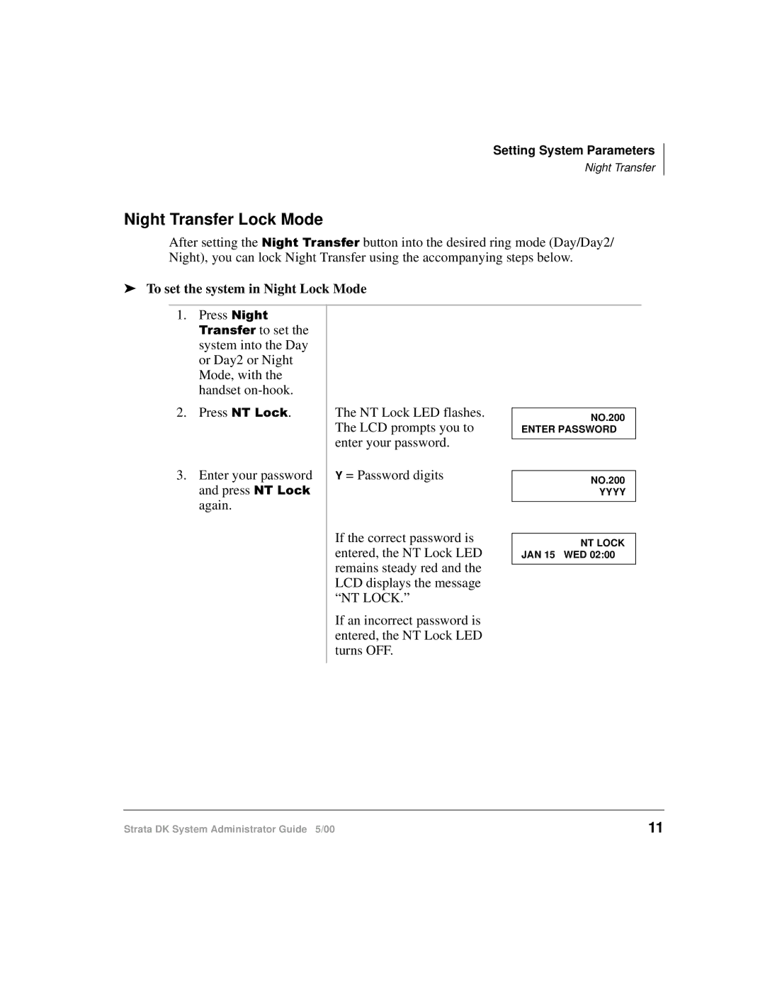 Toshiba DKA-AG-SYSTEMVD manual Night Transfer Lock Mode, To set the system in Night Lock Mode 