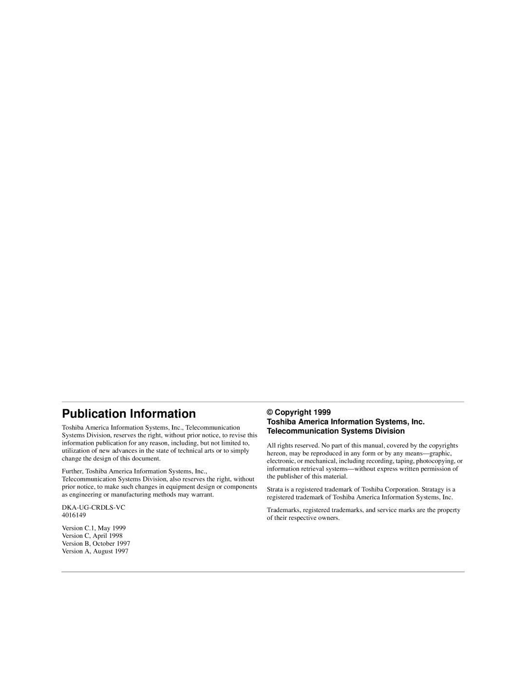 Toshiba DKA-UG-CRDLS-VC 4016149 manual Publication Information 