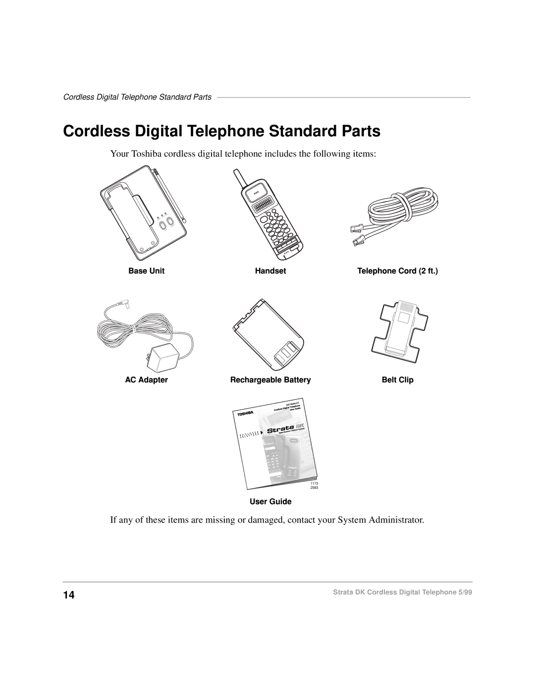 Toshiba DKA-UG-CRDLS-VC 4016149 manual Cordless Digital Telephone Standard Parts 