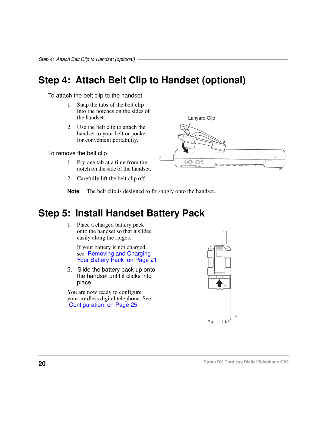 Toshiba DKA-UG-CRDLS-VC 4016149 manual Attach Belt Clip to Handset optional, Install Handset Battery Pack 