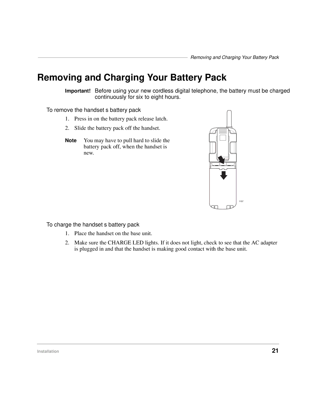 Toshiba DKA-UG-CRDLS-VC 4016149 manual Removing and Charging Your Battery Pack, To remove the handset’s battery pack 