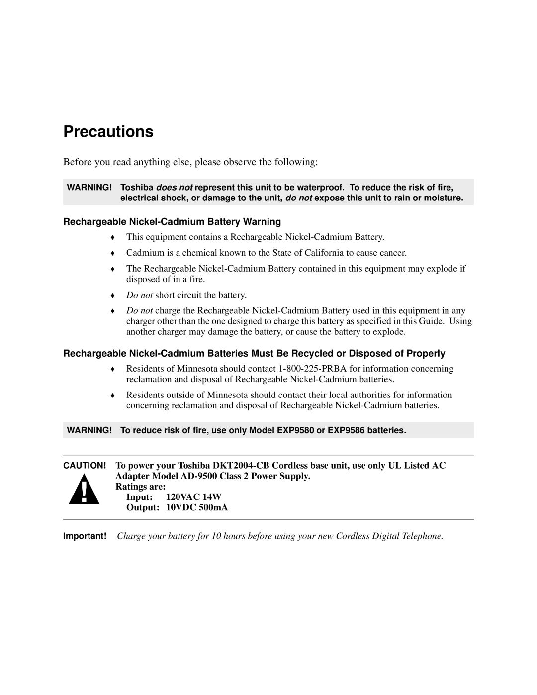 Toshiba DKA-UG-CRDLS-VC 4016149 manual Precautions, Ratings are Input 120VAC 14W Output 10VDC 500mA 