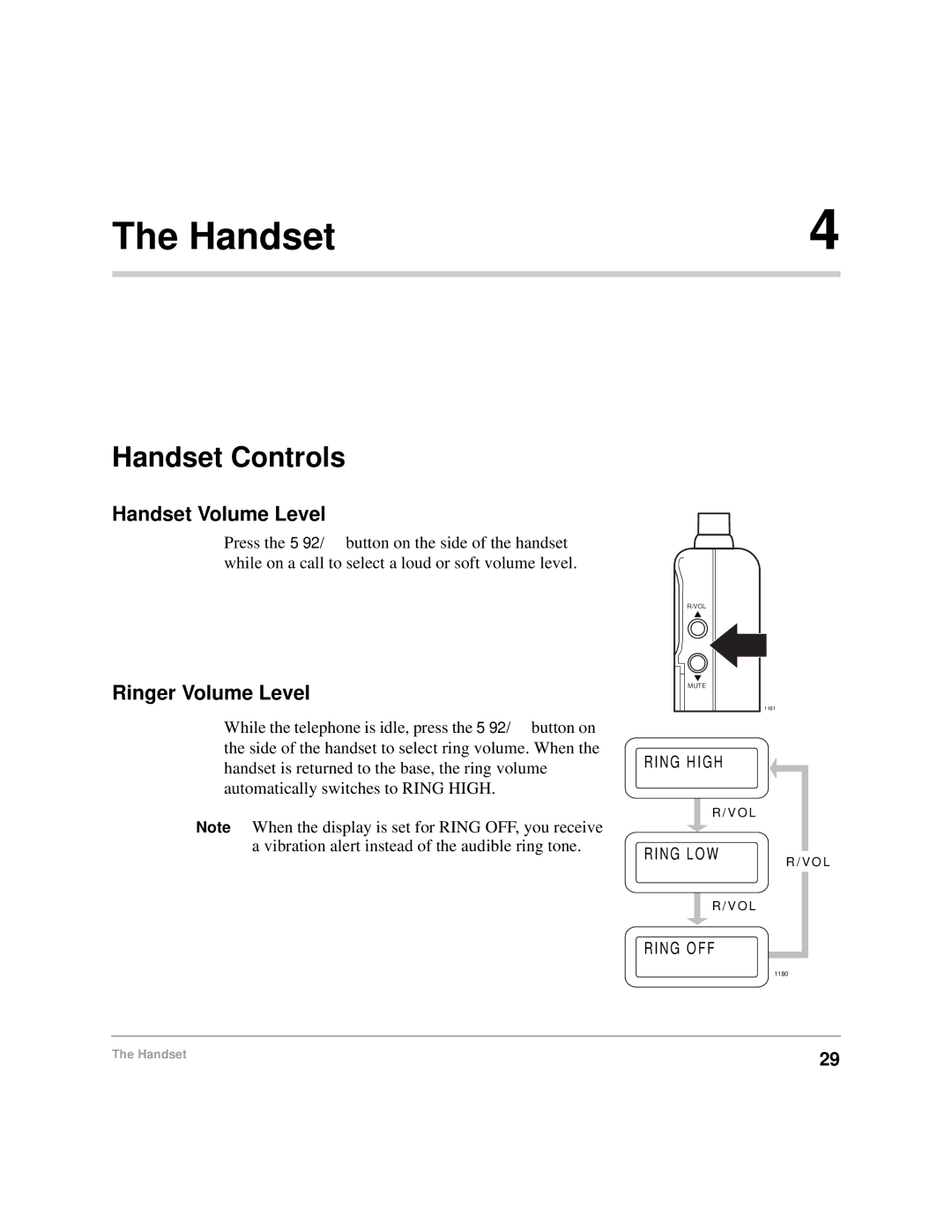 Toshiba DKA-UG-CRDLS-VC 4016149 manual Handset Controls, Handset Volume Level, Ringer Volume Level 