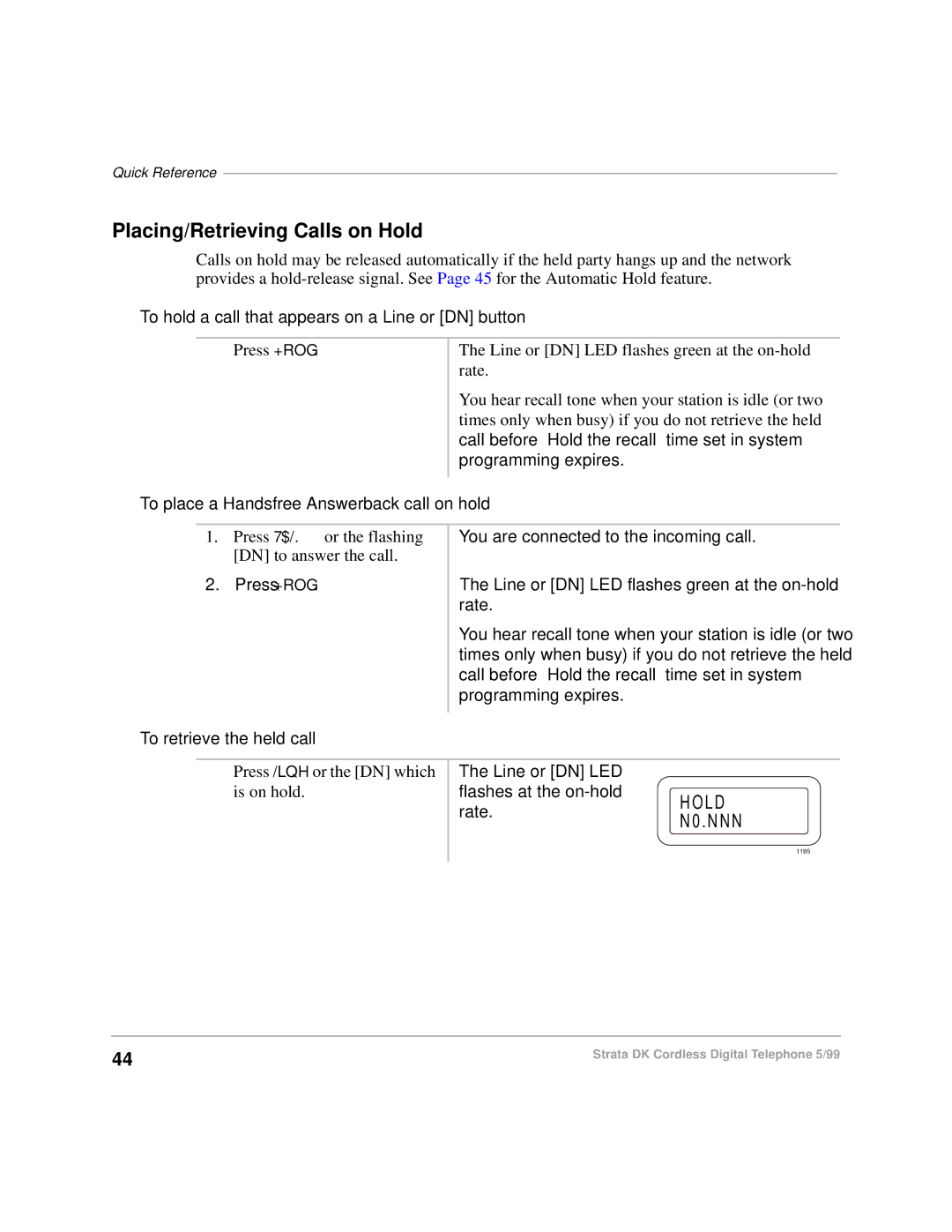 Toshiba DKA-UG-CRDLS-VC 4016149 manual Placing/Retrieving Calls on Hold, To hold a call that appears on a Line or DN button 