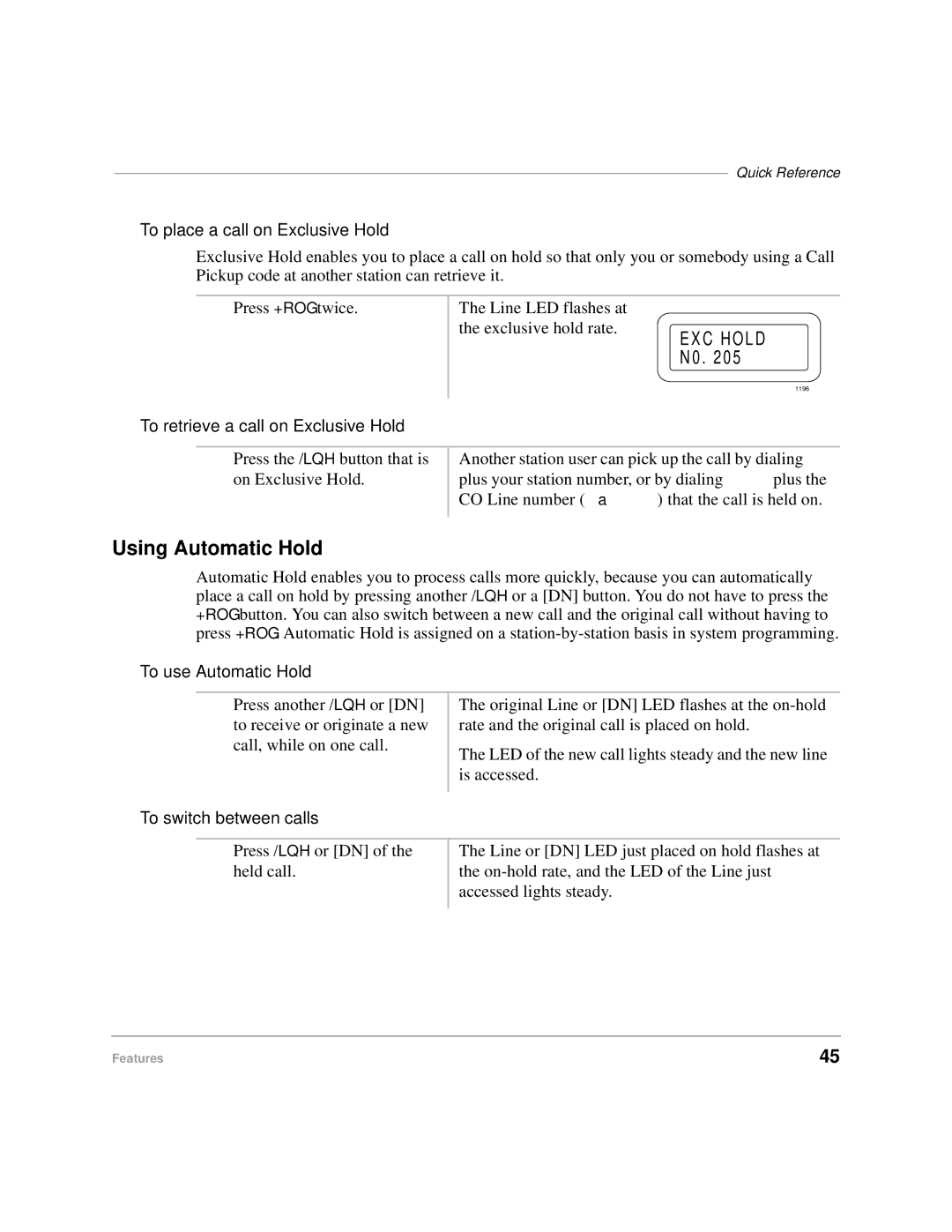 Toshiba DKA-UG-CRDLS-VC 4016149 manual Using Automatic Hold, To place a call on Exclusive Hold, To use Automatic Hold 