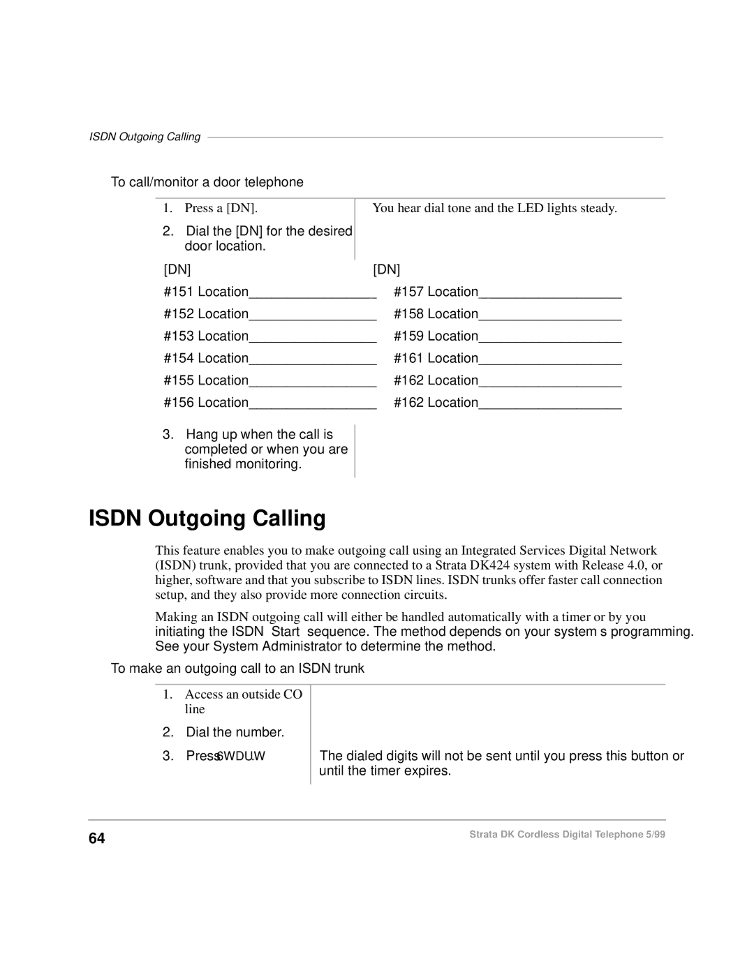 Toshiba DKA-UG-CRDLS-VC 4016149 manual Isdn Outgoing Calling, To call/monitor a door telephone 