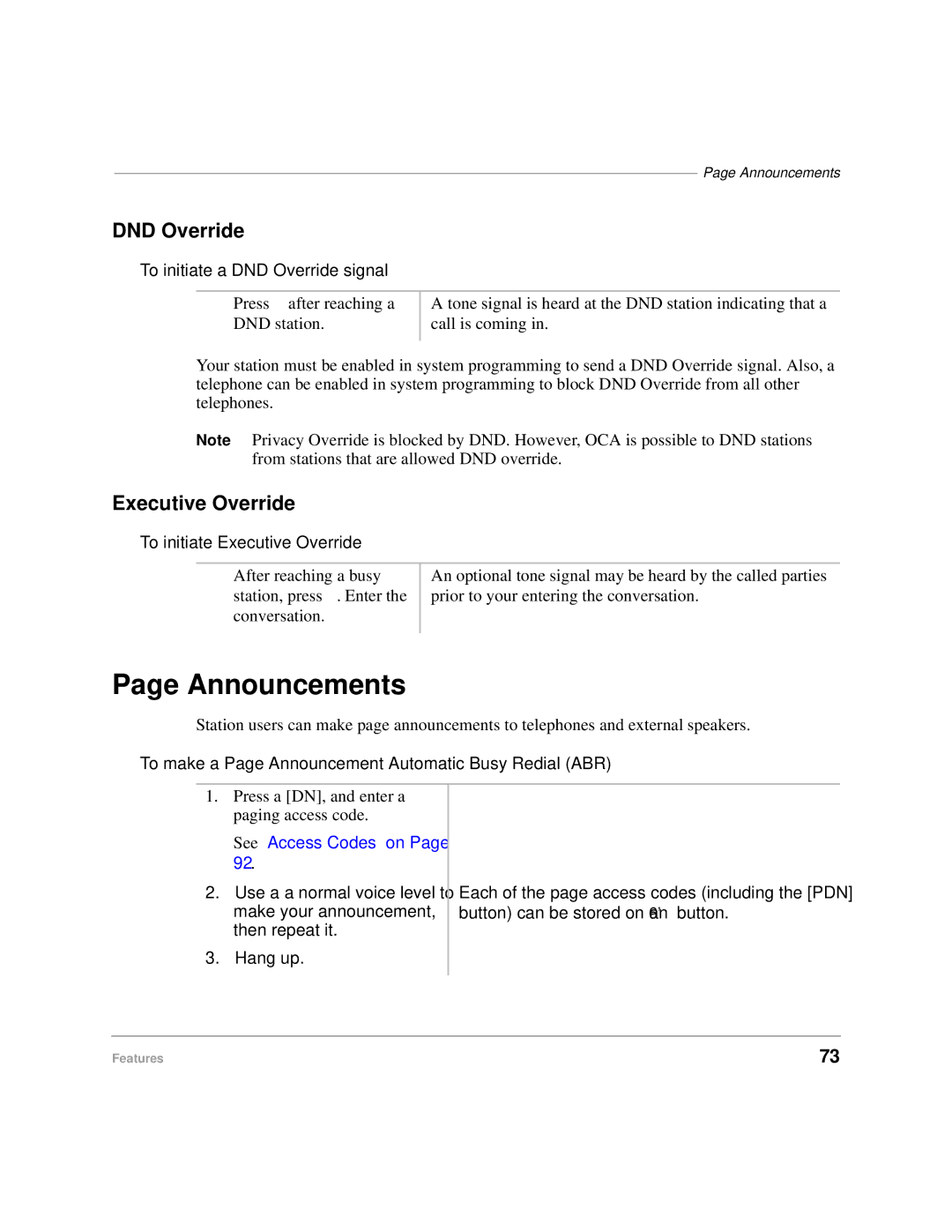 Toshiba DKA-UG-CRDLS-VC 4016149 manual Announcements, DND Override, Executive Override 