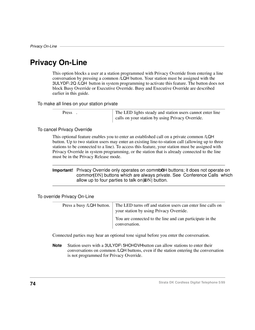 Toshiba DKA-UG-CRDLS-VC 4016149 Privacy On-Line, To make all lines on your station private, To cancel Privacy Override 