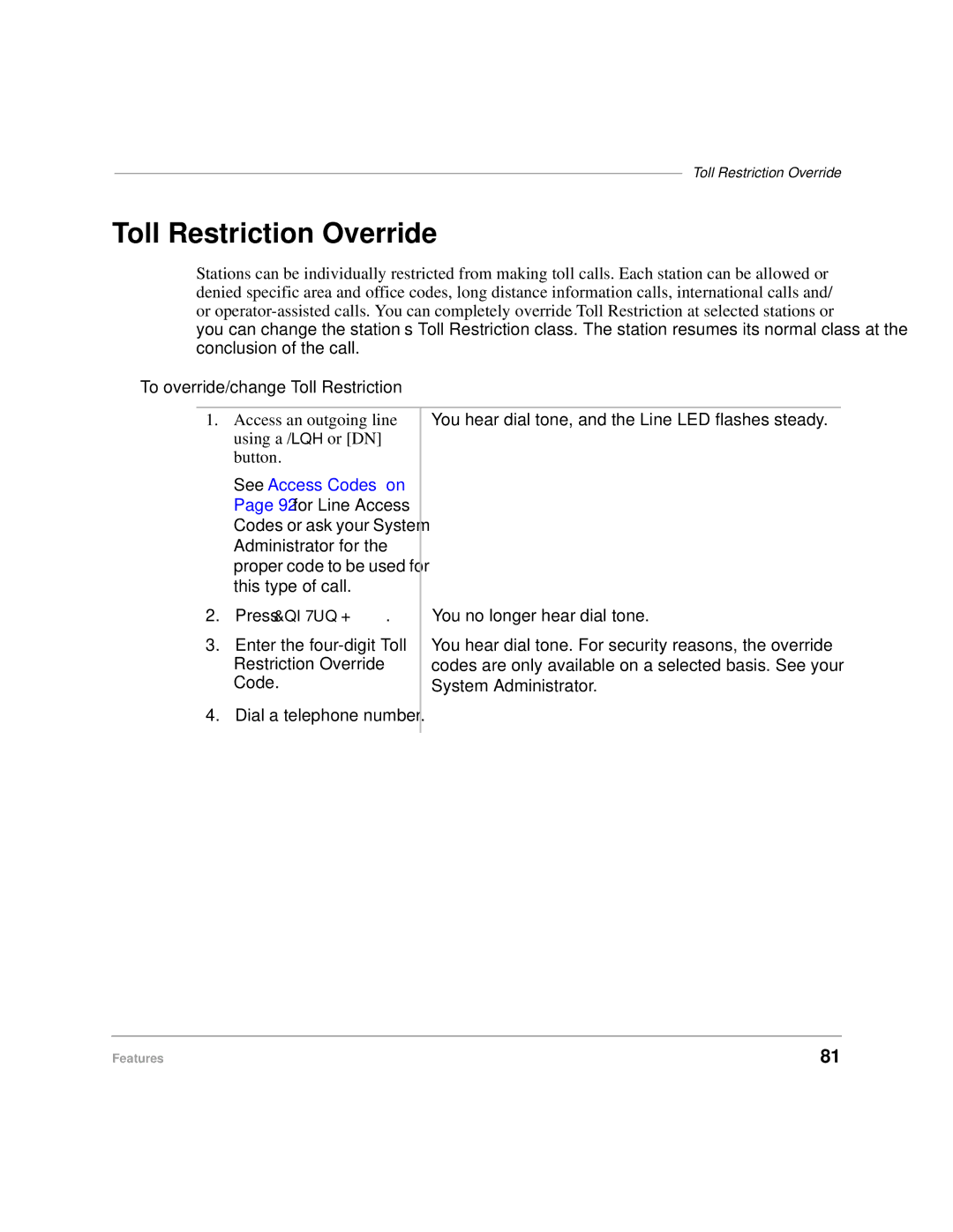 Toshiba DKA-UG-CRDLS-VC 4016149 manual Toll Restriction Override, To override/change Toll Restriction 