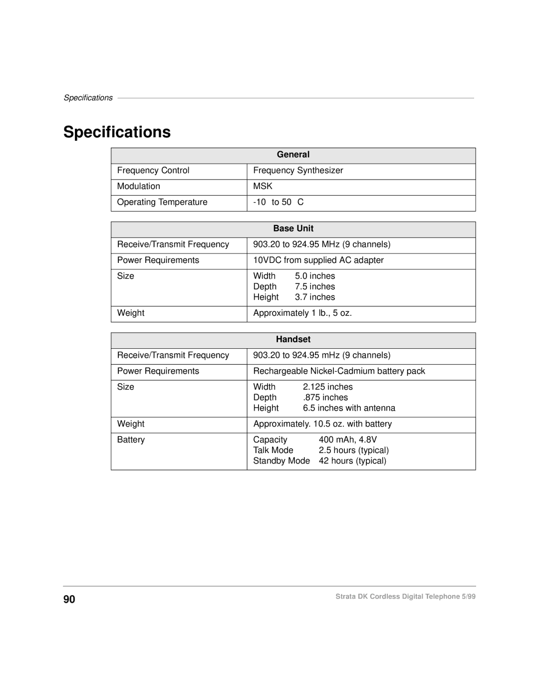 Toshiba DKA-UG-CRDLS-VC 4016149 manual Specifications, Base Unit 