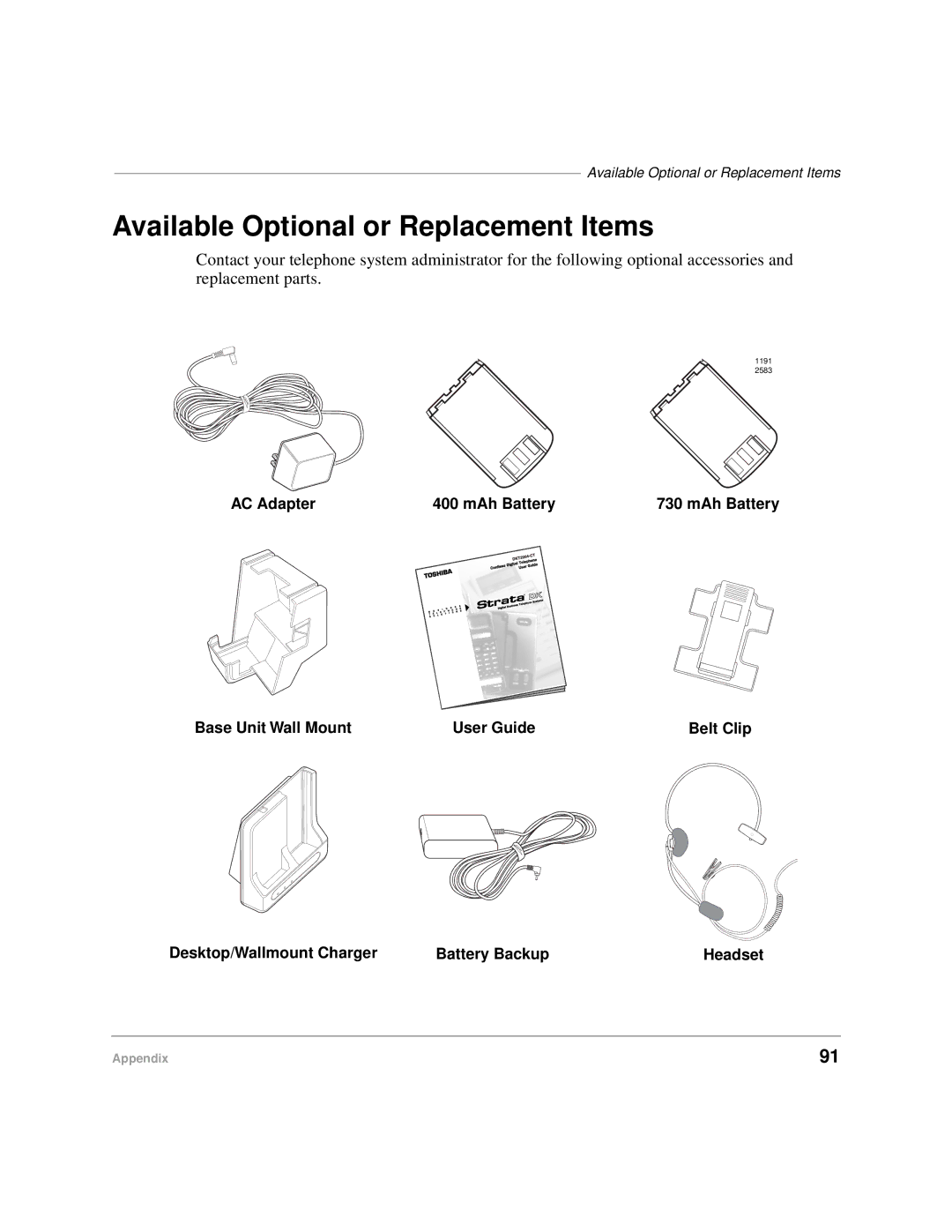 Toshiba DKA-UG-CRDLS-VC 4016149 manual Available Optional or Replacement Items 