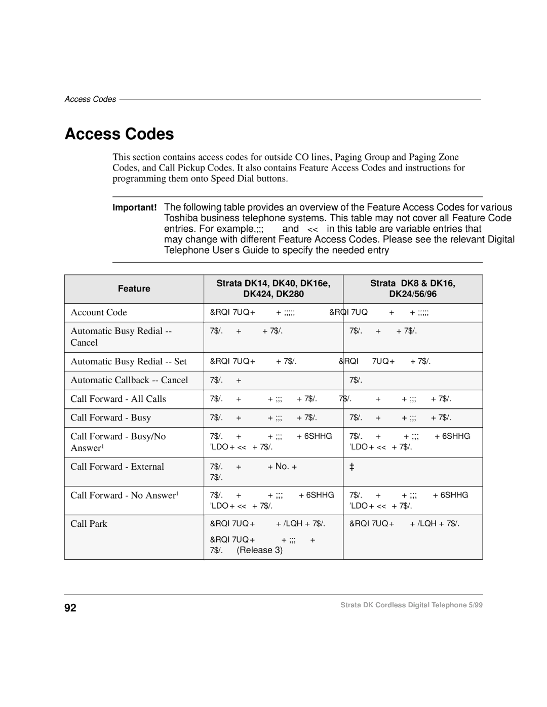 Toshiba DKA-UG-CRDLS-VC 4016149 manual Access Codes 