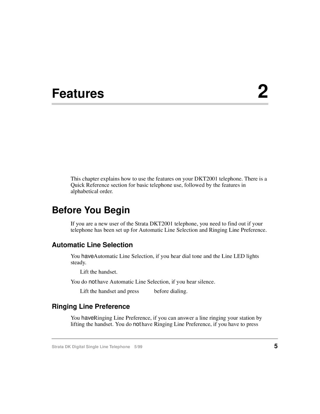 Toshiba DKA-UG-DKSLT-VB manual Features, Before You Begin, Automatic Line Selection, Ringing Line Preference 