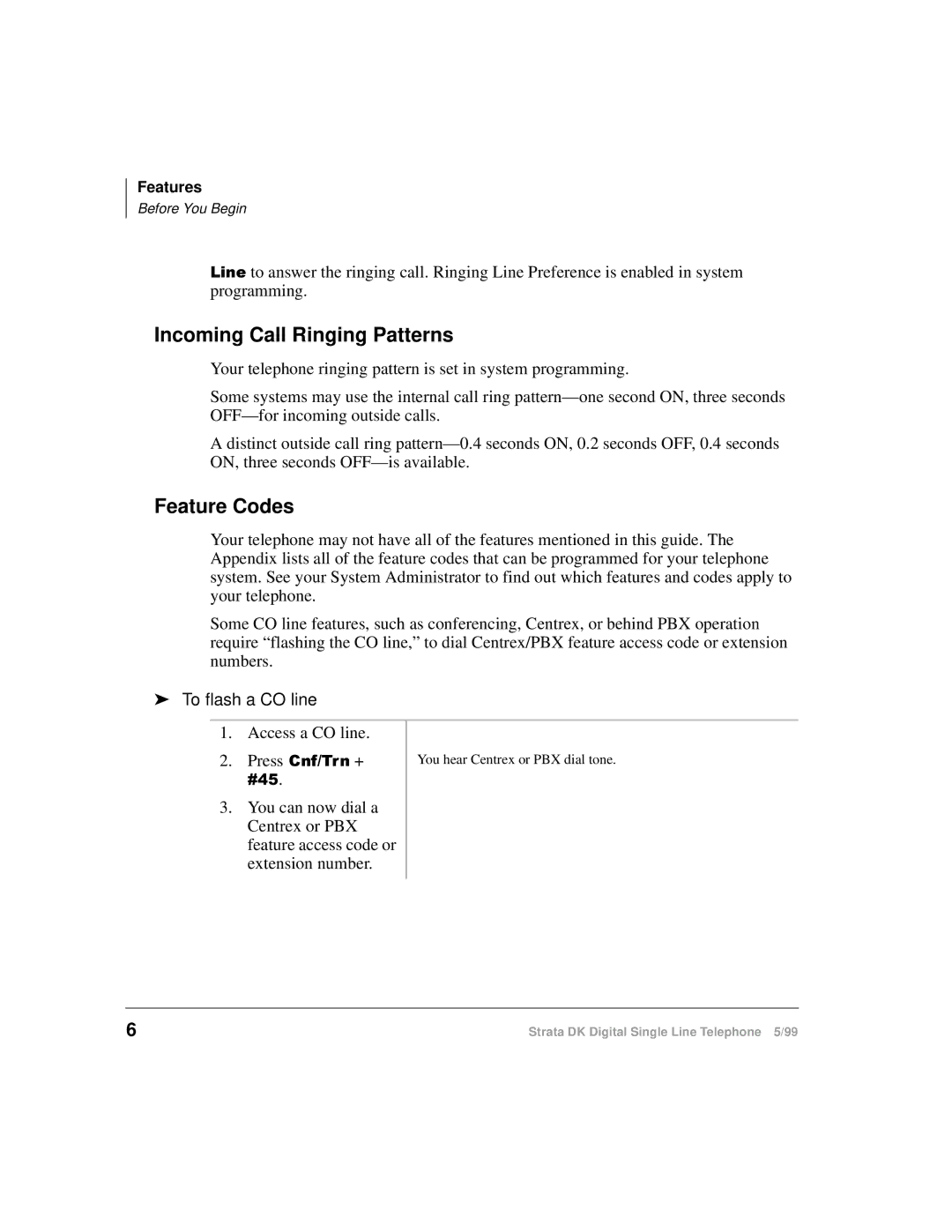 Toshiba DKA-UG-DKSLT-VB manual Incoming Call Ringing Patterns, Feature Codes, To flash a CO line, Access a CO line 