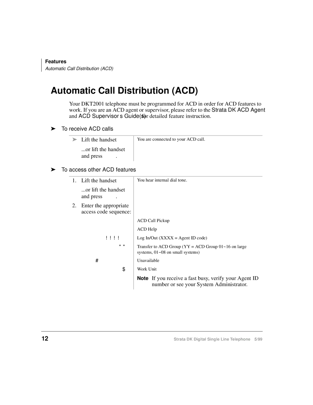 Toshiba DKA-UG-DKSLT-VB manual Automatic Call Distribution ACD, To receive ACD calls, To access other ACD features 