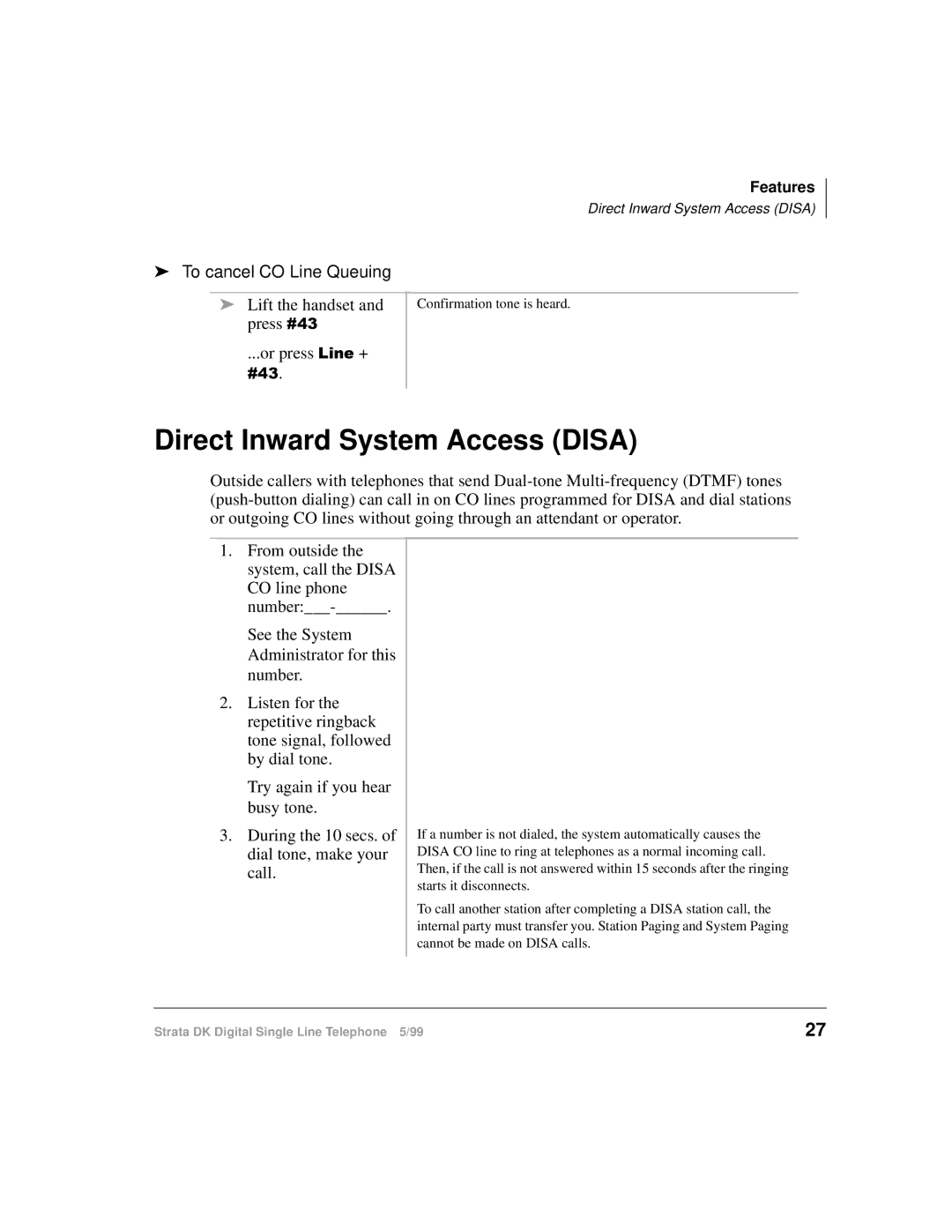 Toshiba DKA-UG-DKSLT-VB manual Direct Inward System Access Disa, To cancel CO Line Queuing 