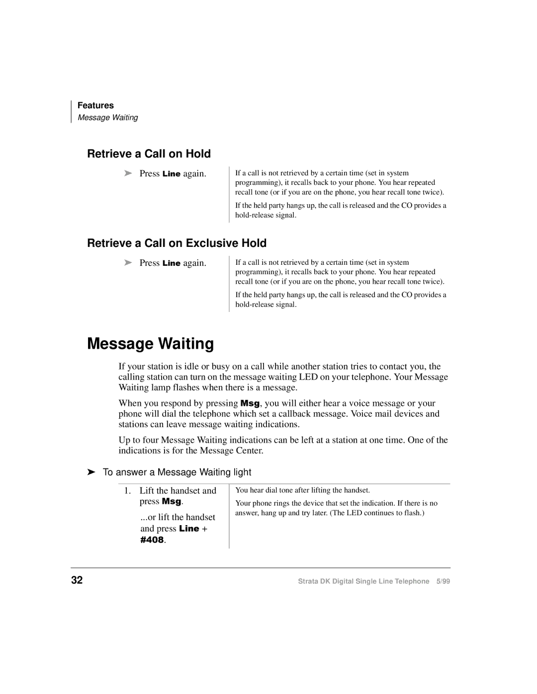 Toshiba DKA-UG-DKSLT-VB Message Waiting, Retrieve a Call on Hold, Retrieve a Call on Exclusive Hold, Press /LQH again 