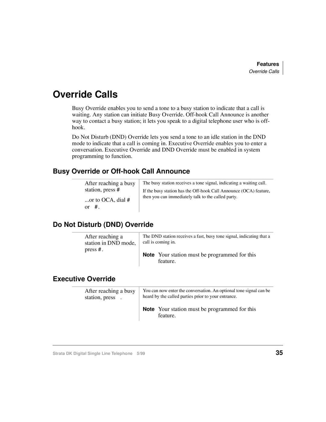 Toshiba DKA-UG-DKSLT-VB manual Override Calls, Busy Override or Off-hook Call Announce, Do Not Disturb DND Override 