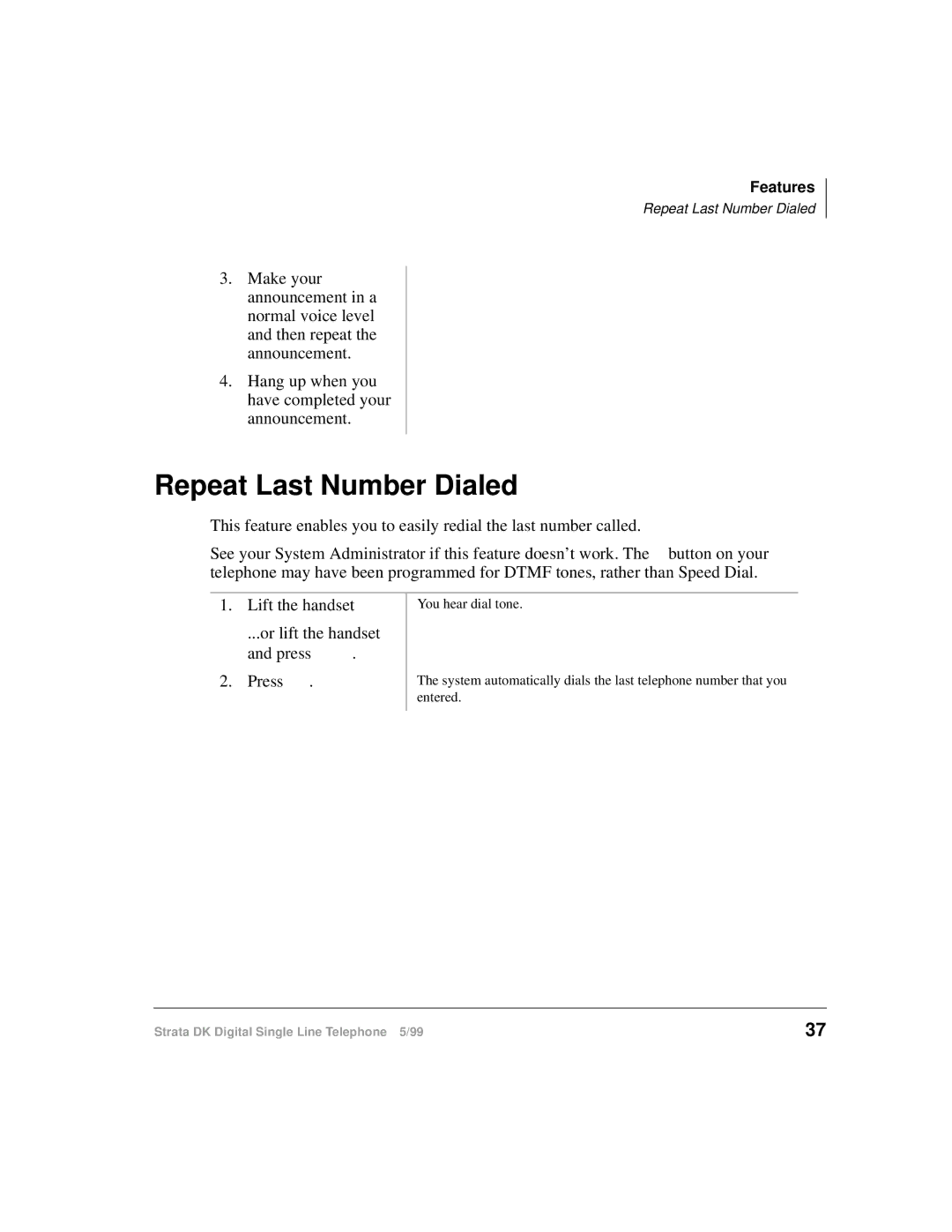 Toshiba DKA-UG-DKSLT-VB manual Repeat Last Number Dialed 