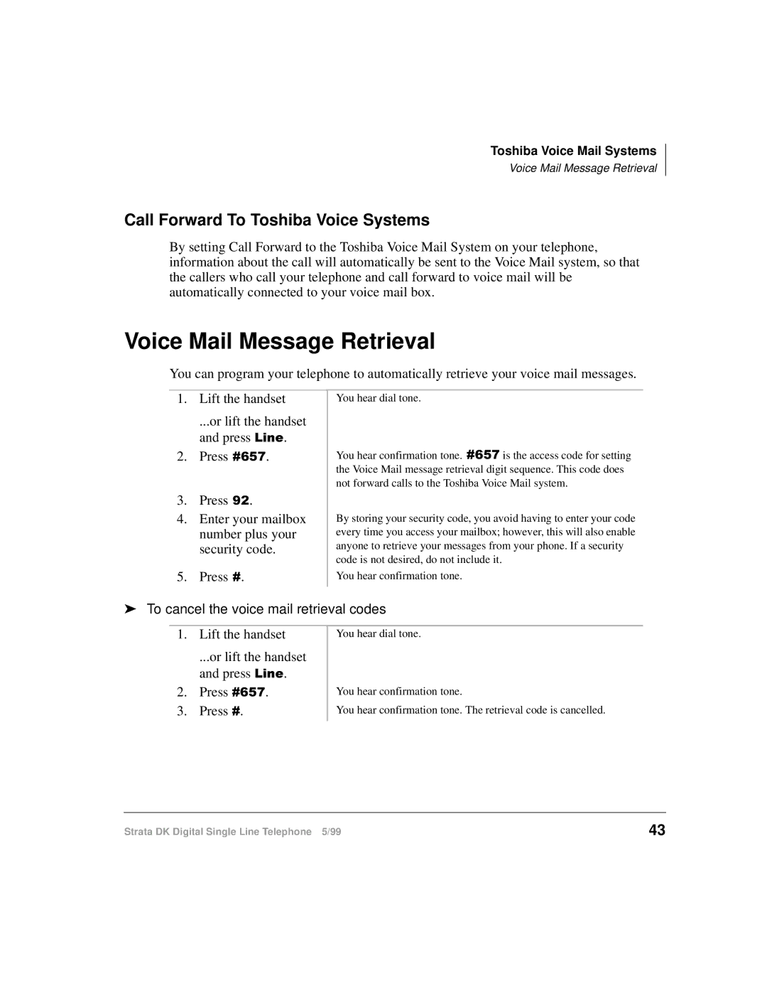 Toshiba DKA-UG-DKSLT-VB manual Voice Mail Message Retrieval, Call Forward To Toshiba Voice Systems 