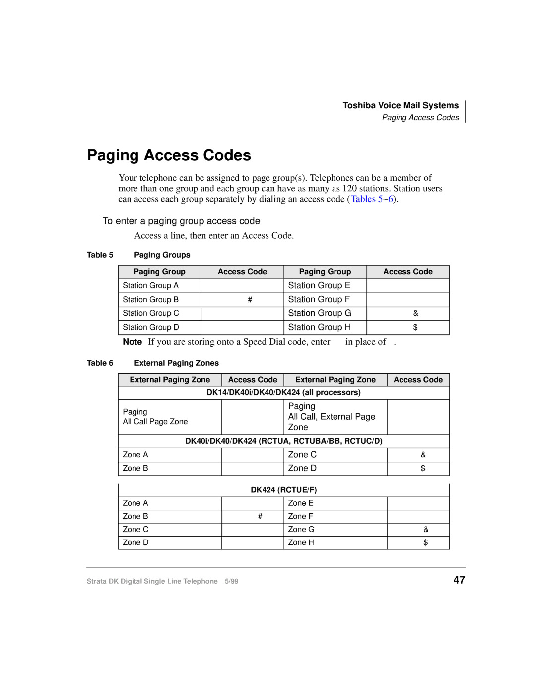 Toshiba DKA-UG-DKSLT-VB Paging Access Codes, To enter a paging group access code, Access a line, then enter an Access Code 