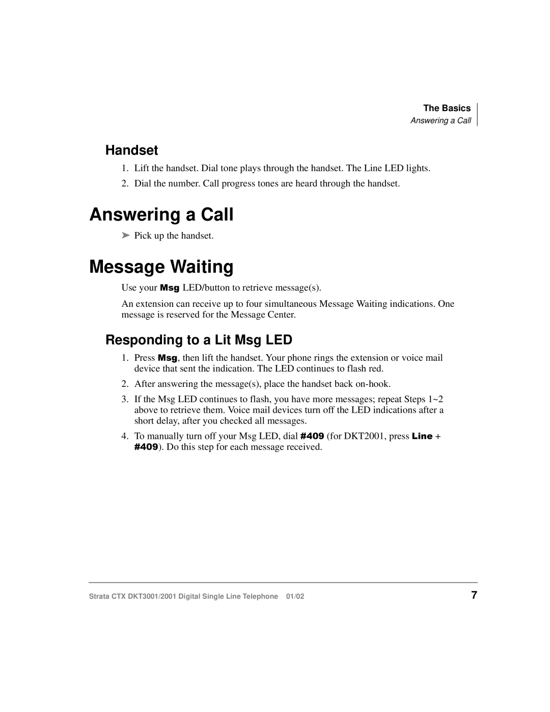 Toshiba DKT2001 manual Answering a Call, Message Waiting, Handset, Responding to a Lit Msg LED 