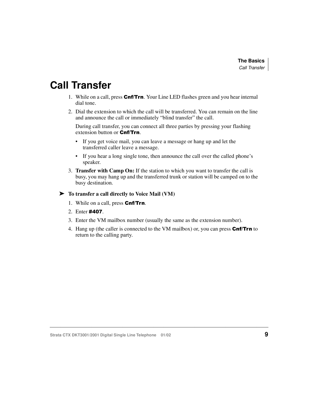 Toshiba DKT2001 manual Call Transfer, To transfer a call directly to Voice Mail VM 