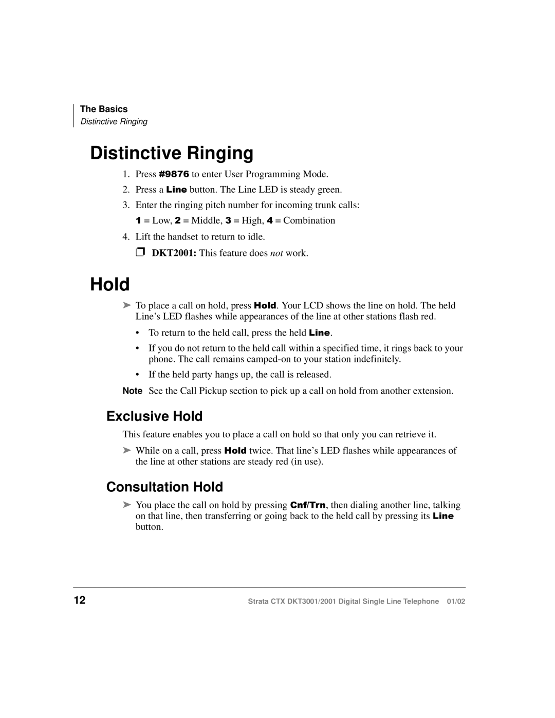 Toshiba DKT2001 manual Distinctive Ringing, Exclusive Hold, Consultation Hold 