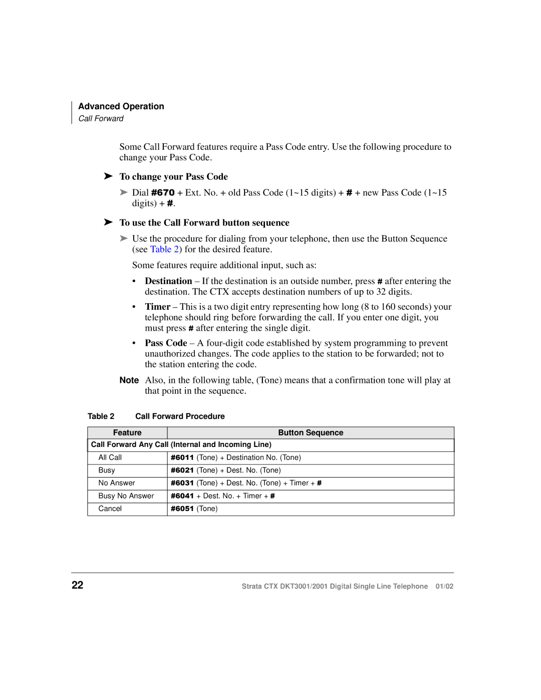 Toshiba DKT2001 manual To change your Pass Code, To use the Call Forward button sequence, Call Forward Procedure 