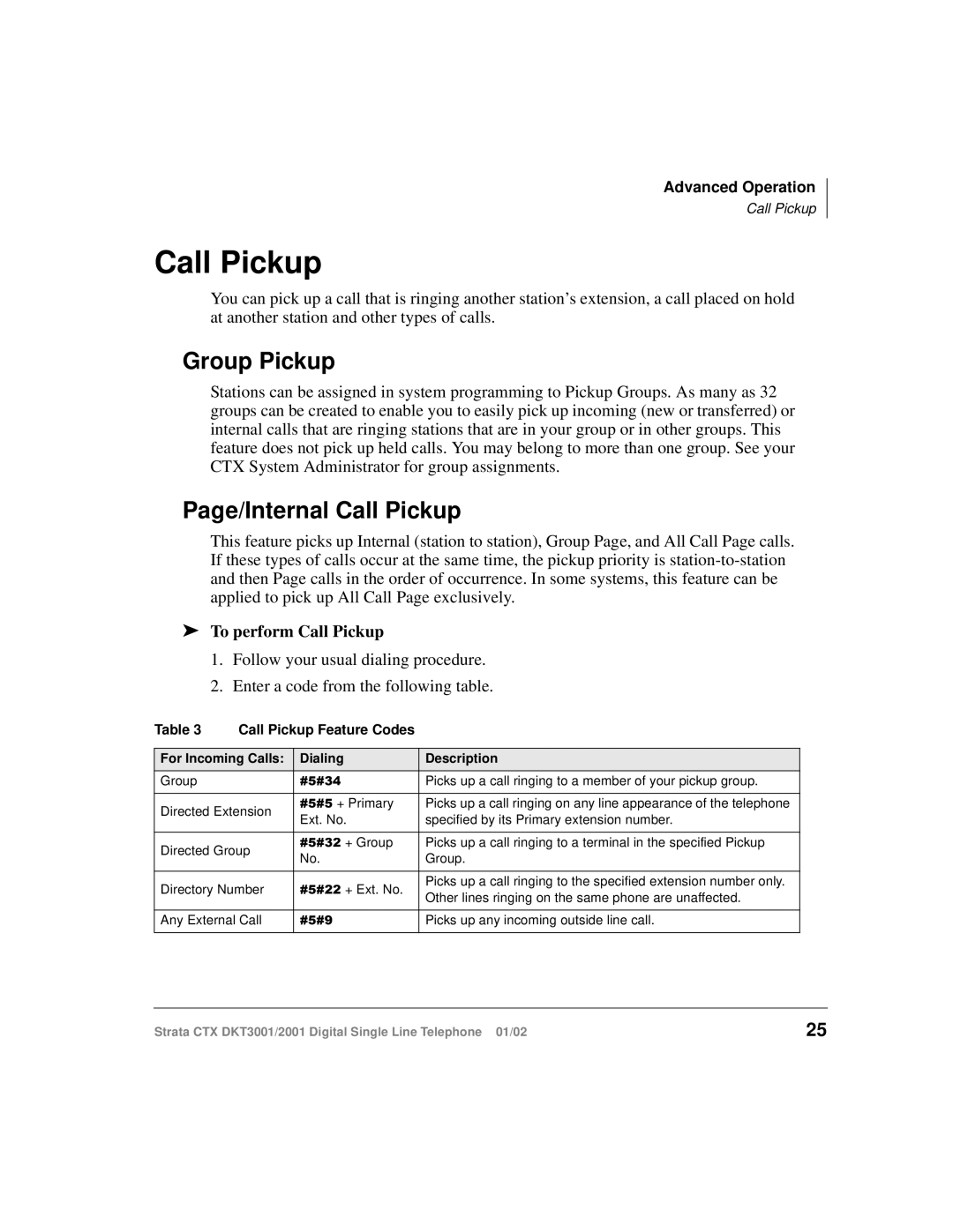 Toshiba DKT2001 manual Group Pickup, Page/Internal Call Pickup, To perform Call Pickup, Call Pickup Feature Codes 