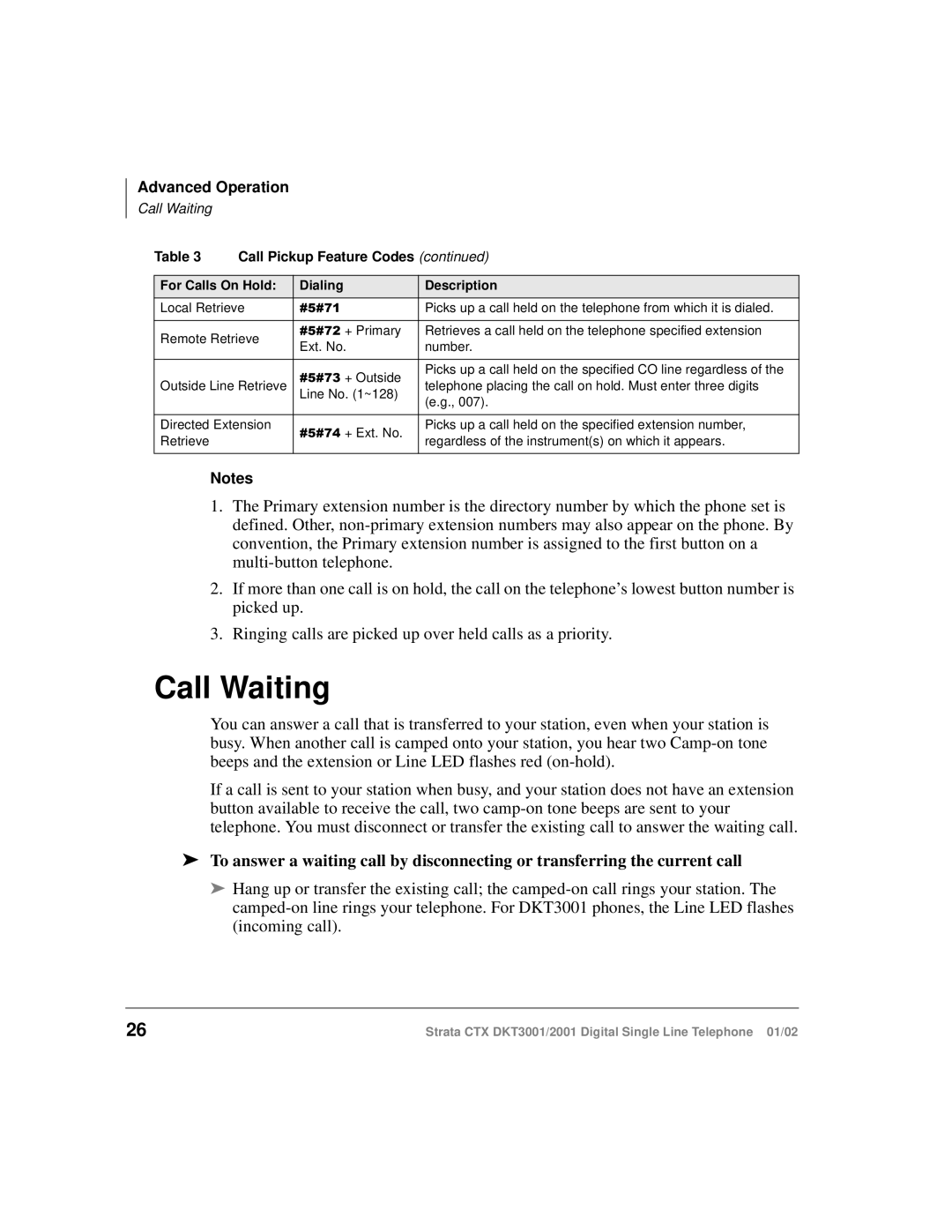 Toshiba DKT2001 manual Call Waiting, For Calls On Hold Dialing Description 