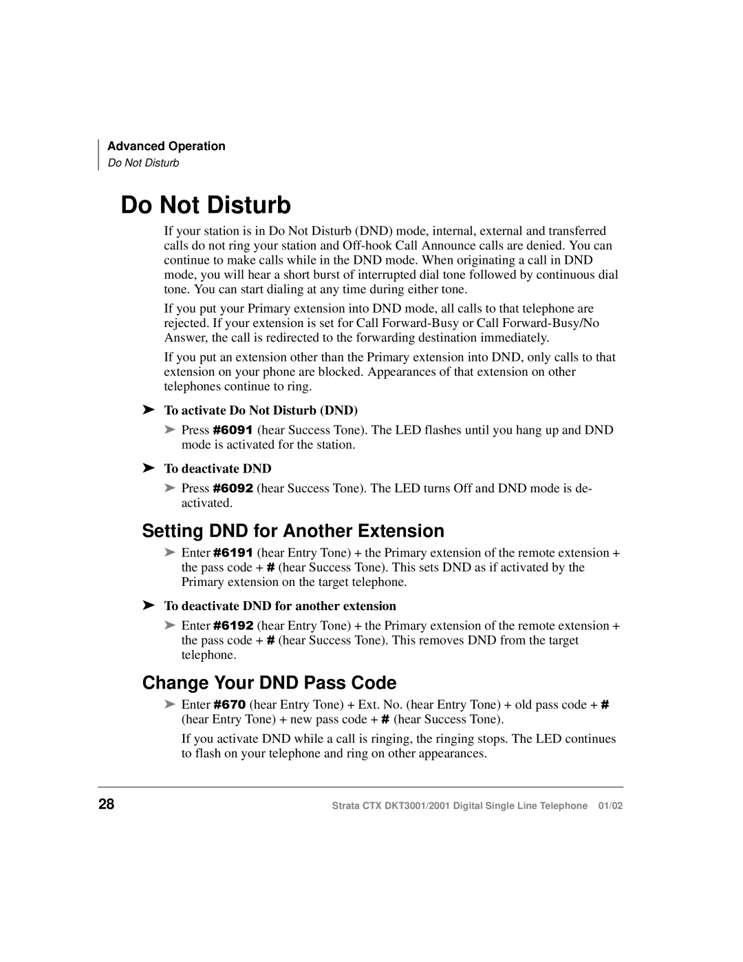 Toshiba DKT2001 manual Do Not Disturb, Setting DND for Another Extension, Change Your DND Pass Code 