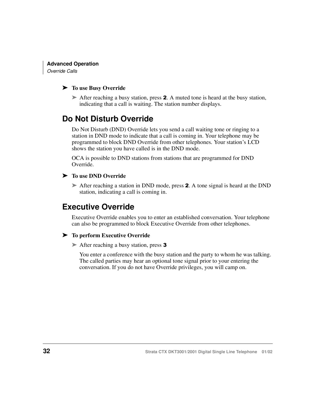 Toshiba DKT2001 manual Do Not Disturb Override, Executive Override, To use Busy Override, To use DND Override 