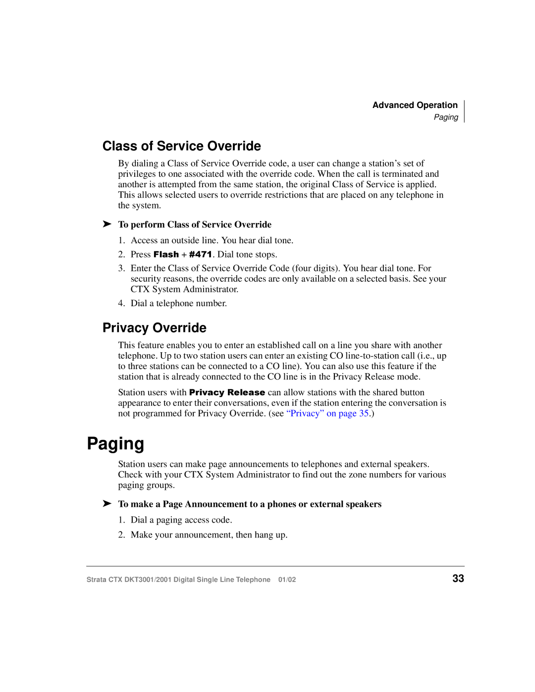 Toshiba DKT2001 manual Paging, Privacy Override, To perform Class of Service Override 