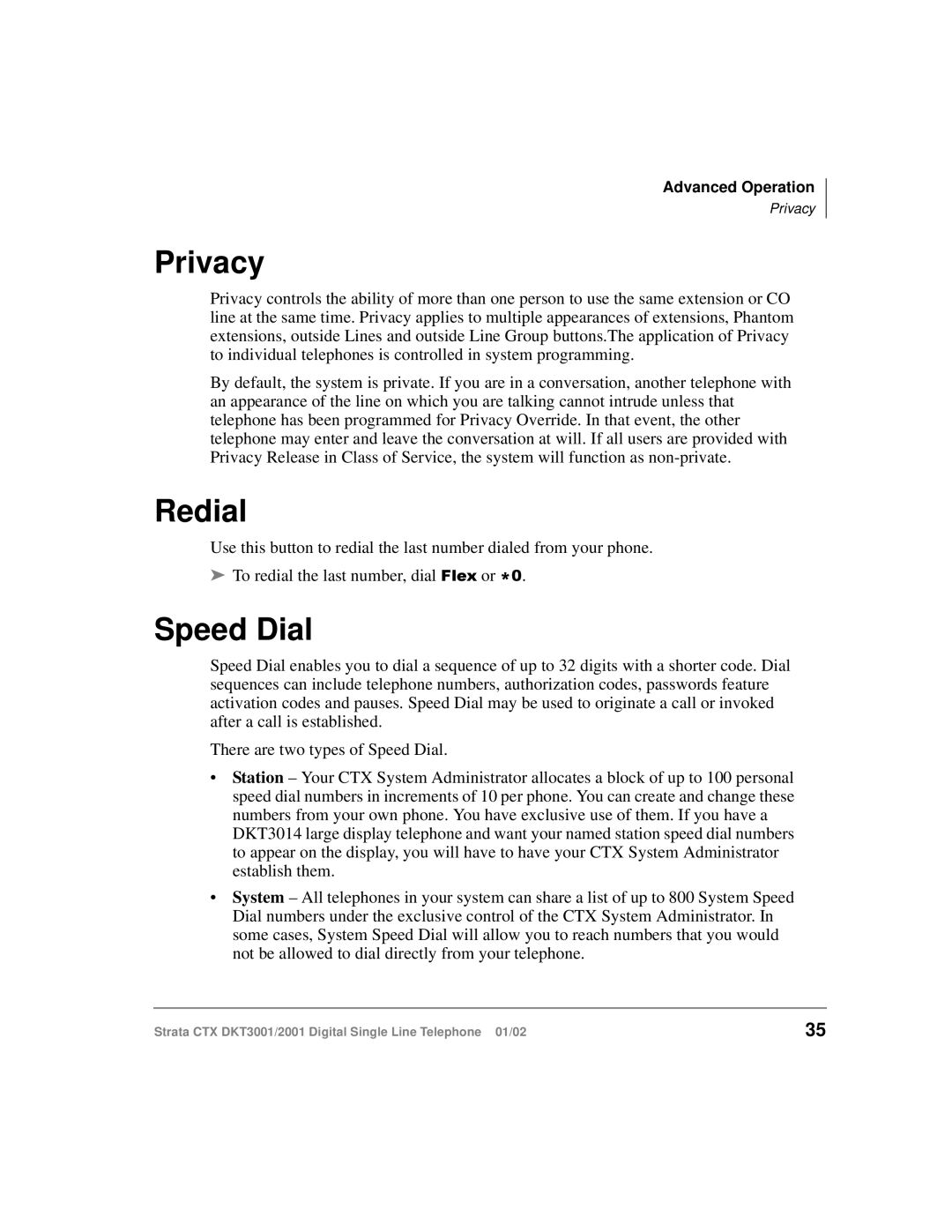 Toshiba DKT2001 manual Privacy, Redial, Speed Dial 