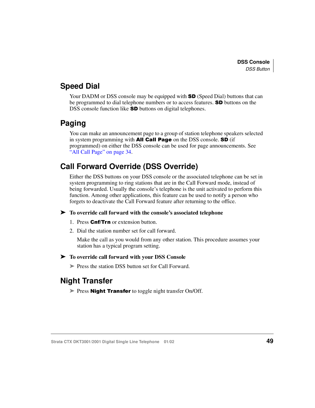 Toshiba DKT2001 manual Speed Dial, Paging, Call Forward Override DSS Override, Night Transfer 