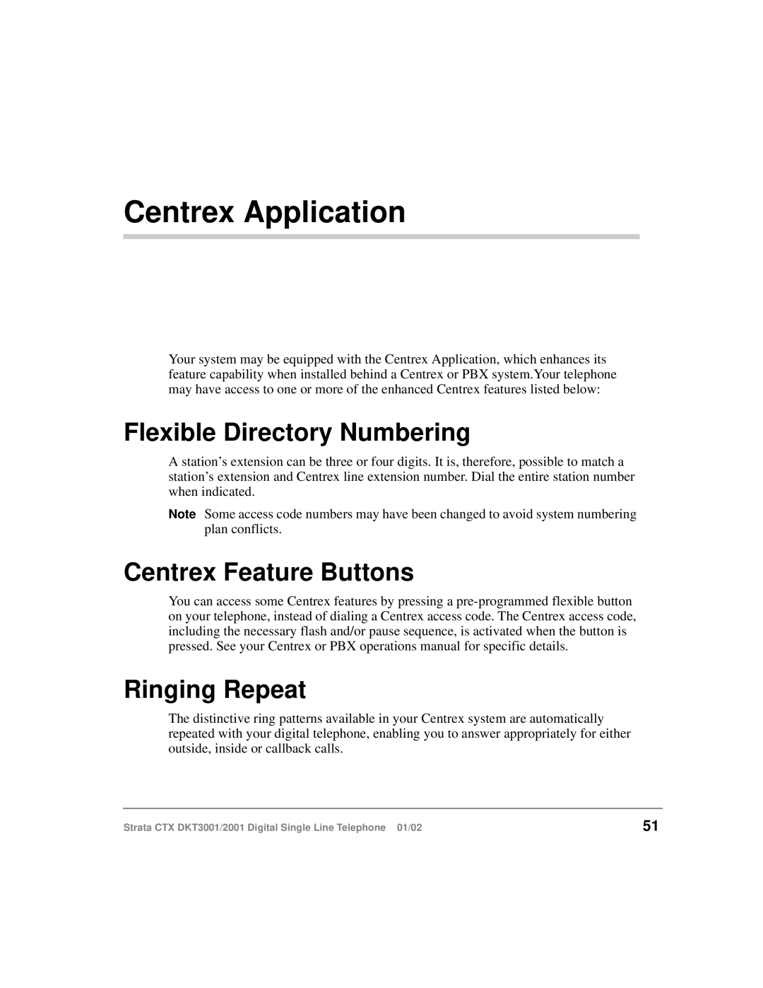 Toshiba DKT2001 manual Centrex Application, Flexible Directory Numbering, Centrex Feature Buttons, Ringing Repeat 