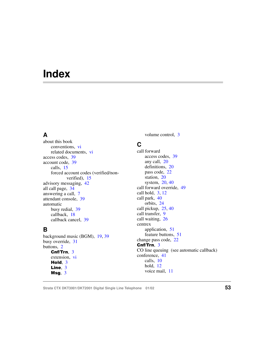 Toshiba DKT2001 manual Index 