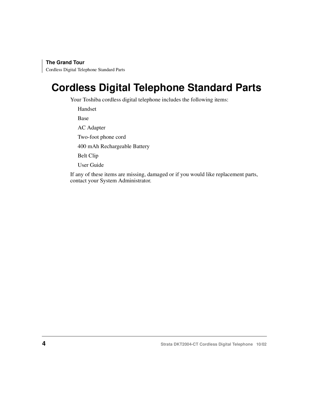 Toshiba DKT2004-CT manual Cordless Digital Telephone Standard Parts 