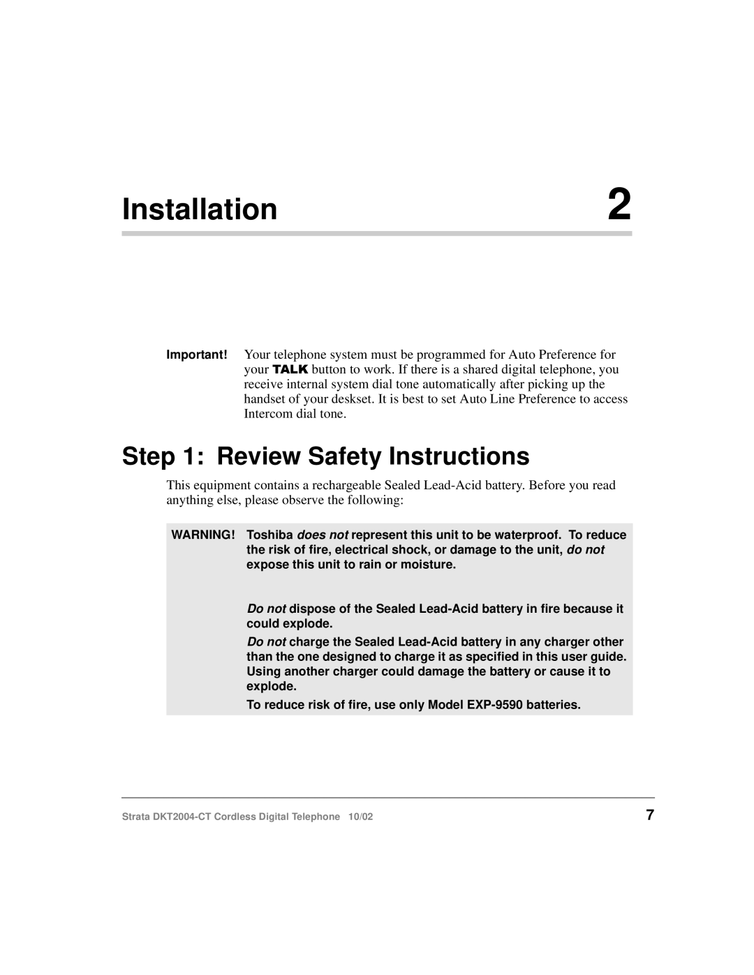 Toshiba DKT2004-CT manual Installation, Review Safety Instructions 